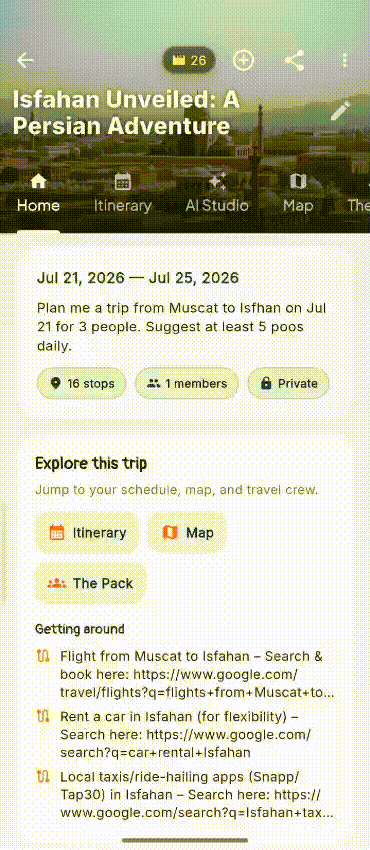 Rihla — trip overview screen